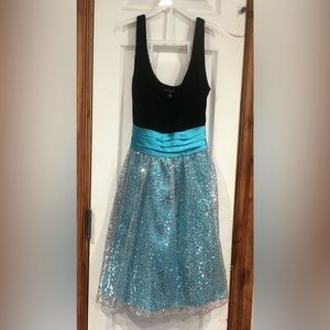 JODI KRISTOPHER Teal Blue Big Ribbon Sequin Dress Size 1 Girls.